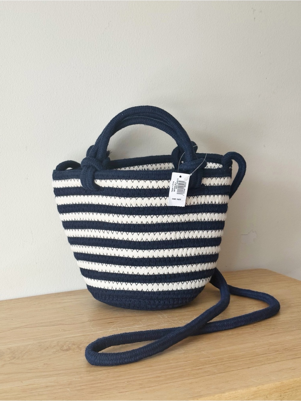 GAP Mini Nautical Stripe Rope Crossbody Bucket Bag Tote Navy and White - Picture 3 of 12